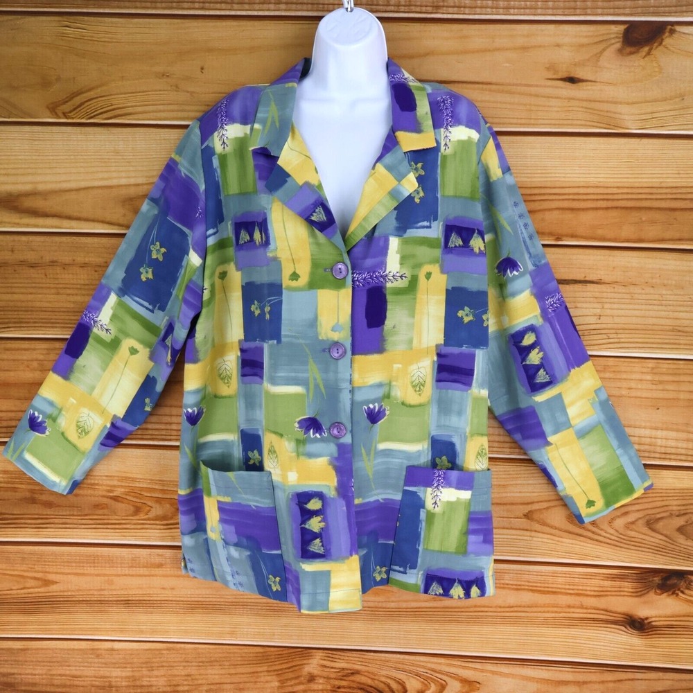 Maggie Barnes Blazer Womens XL Multicolor Floral Polyester Pockets Shoulder Pads
